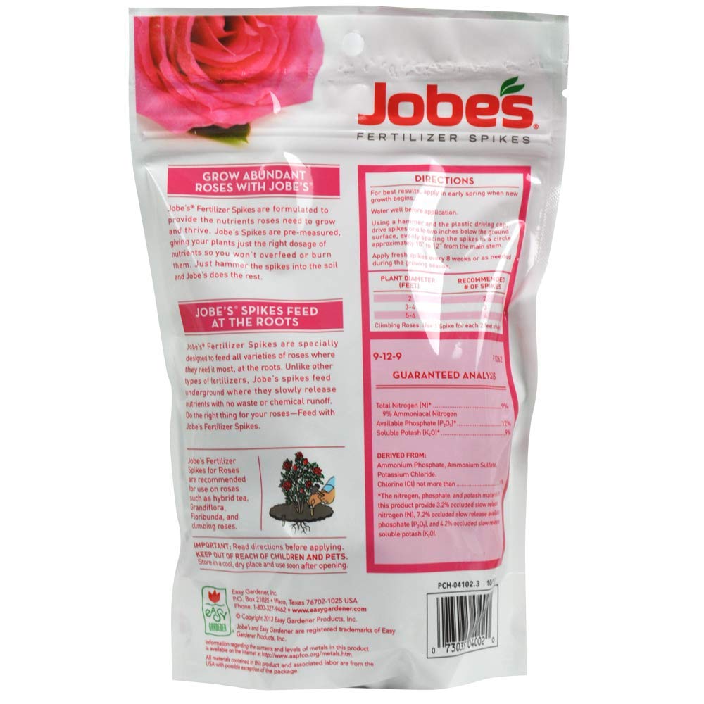 Jobe's Rose spikes in soil deliver slow-release nutrients for healthy blooms.