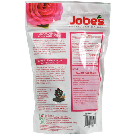 Jobe's Rose spikes in soil deliver slow-release nutrients for healthy blooms.