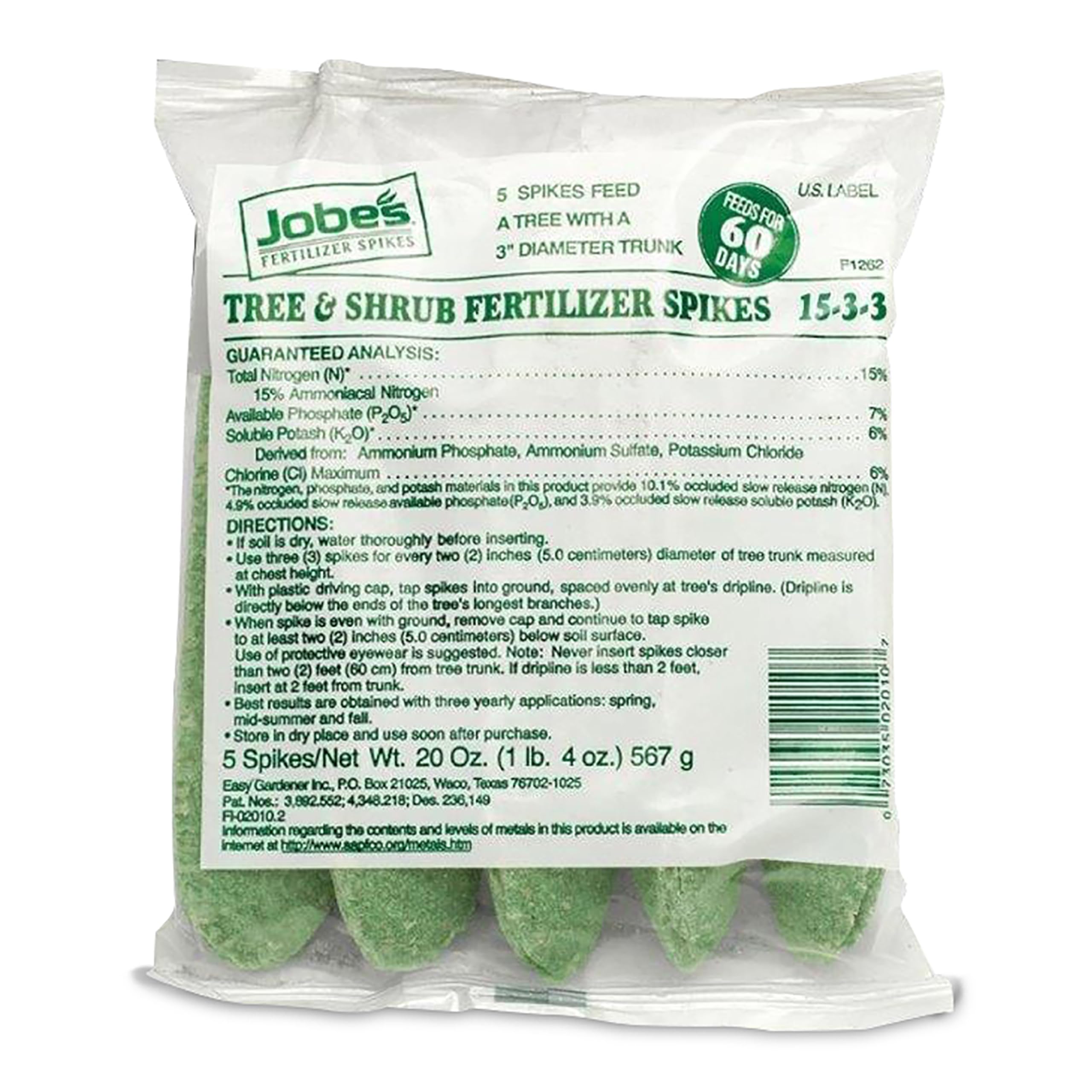 Jobe's Organics slow-release spikes pack ready for tree and shrub care around the dripline.