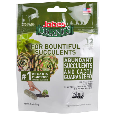 Packaging image of Jobe's Organics succulent fertilizer spikes for easy, mess-free feeding.