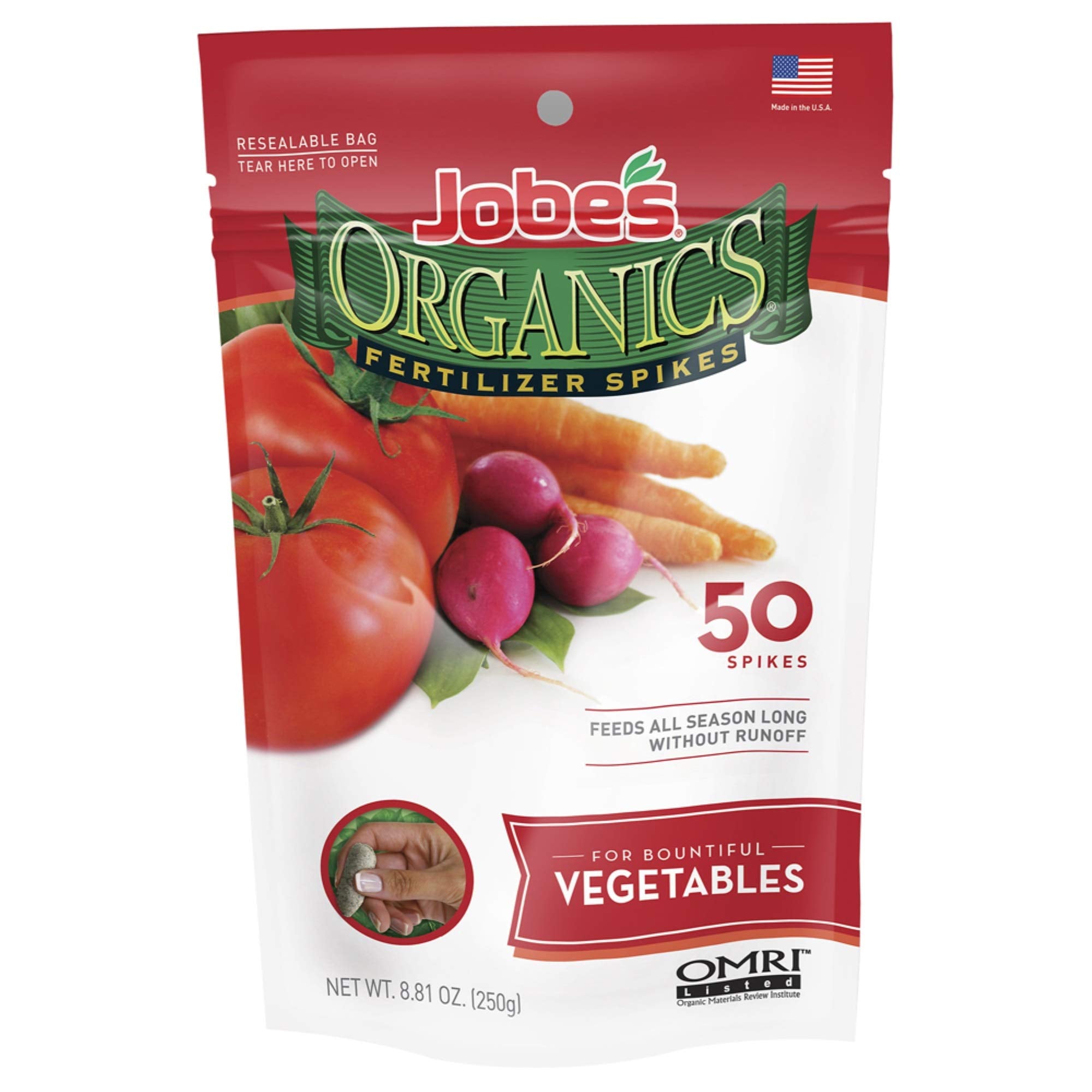 Jobes Organics Vegetable Spikes pack for garden use, delivering targeted root nourishment.