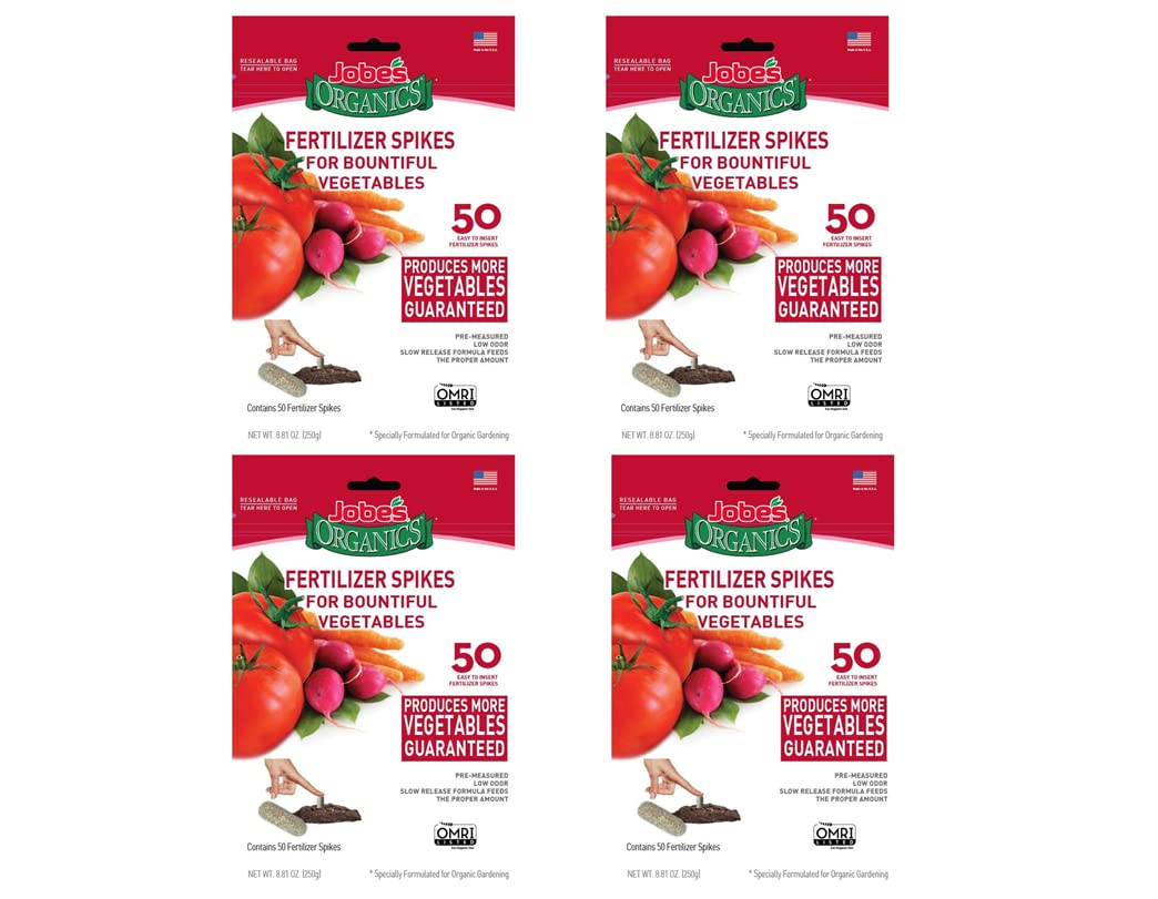 Jobe's Organics vegetable fertilizer spikes packaging shown for quick, mess-free garden feeding