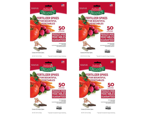 Jobe's Organics vegetable fertilizer spikes packaging shown for quick, mess-free garden feeding