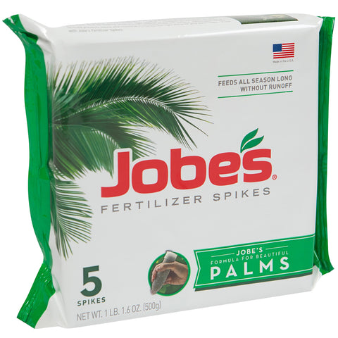 Jobe's Organics Palm Fertilizer Spikes package with five-count root feeding for palms