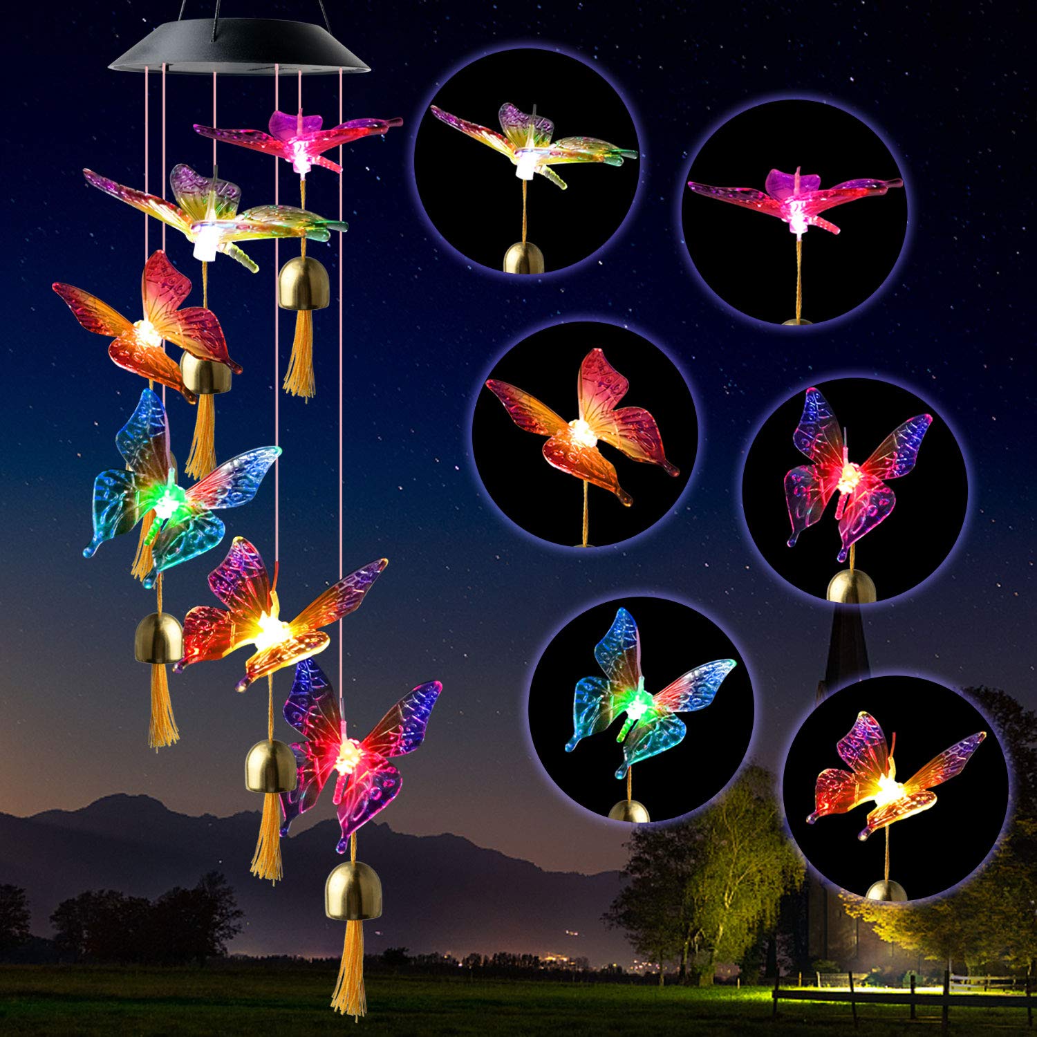 JOBOSI butterfly decorative mobile glows with solar light for garden ambiance.