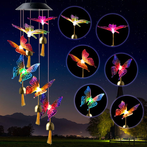 JOBOSI butterfly decorative mobile glows with solar light for garden ambiance.
