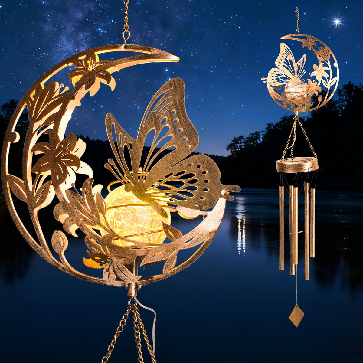 JOBOSI Moon Butterfly wind chime for outdoors with oversized butterfly design and soothing tones.
