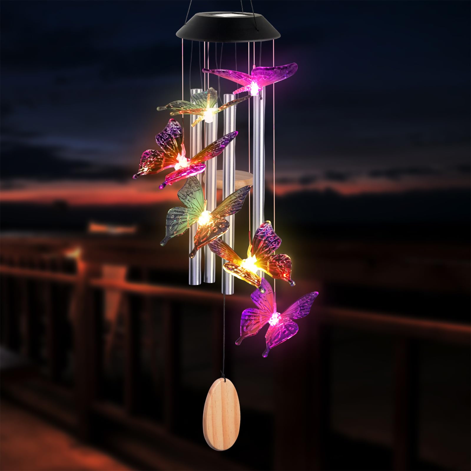 JOBOSI solar butterfly wind chime powers automatically for garden or patio ambiance
