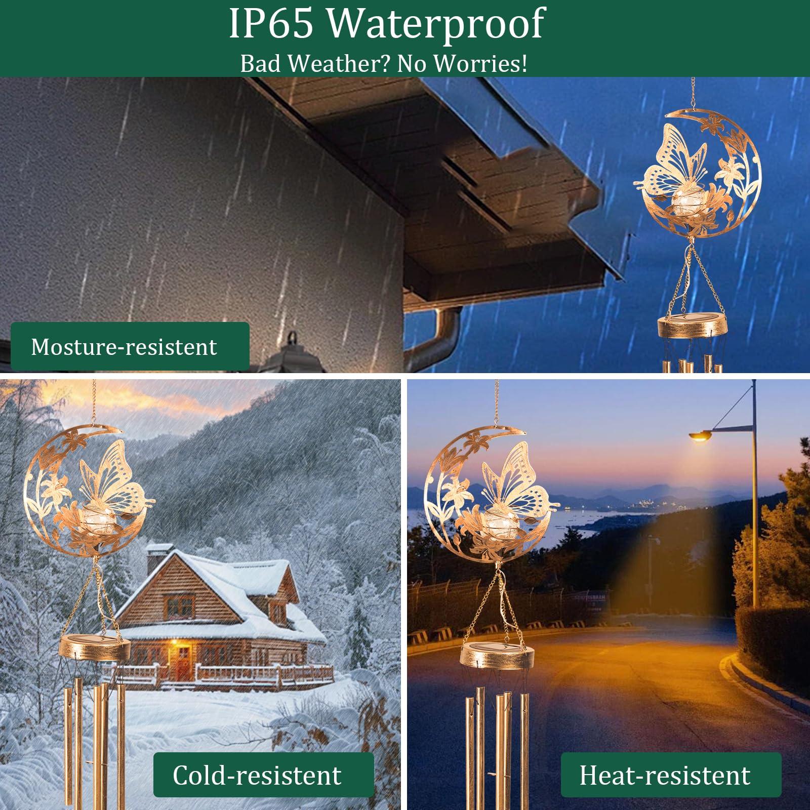 JOBOSI solar-powered wind chime lights at night without wiring for patio mood.