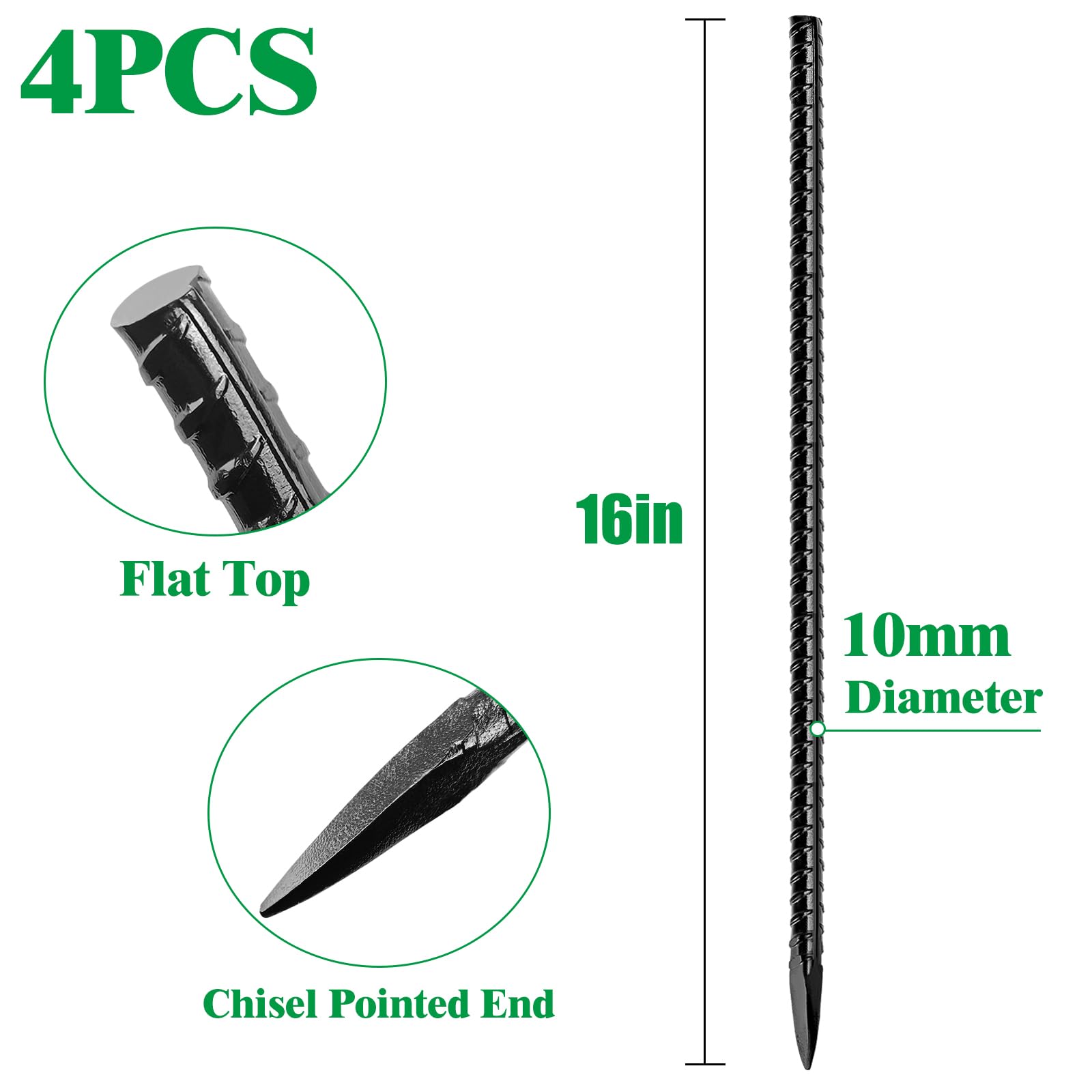 Heavy-duty I-hook ground stake penetrates soil quickly for secure anchoring.