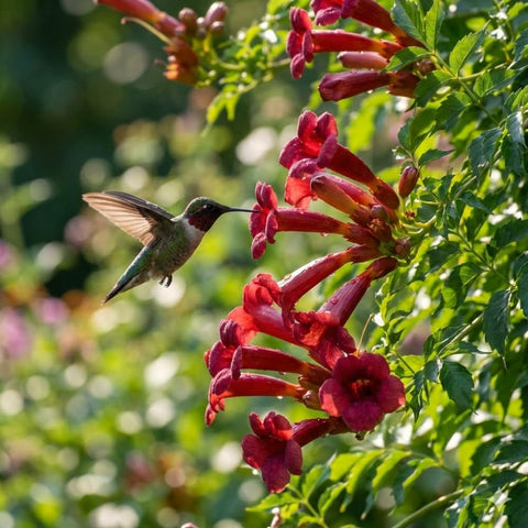 JOCADEW close-up of dark red trumpet vine blooms to attract hummingbirds.