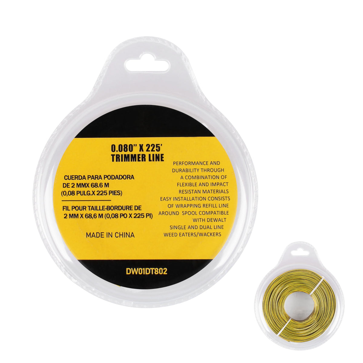 JODDMTTY DWO1DT802 trimmer line on a DEWALT spool for 225-foot use.