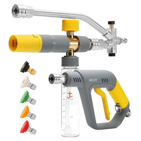 JOEJET pressure washer gun with mini foam cannon closeup showing rich suds for effective cleaning