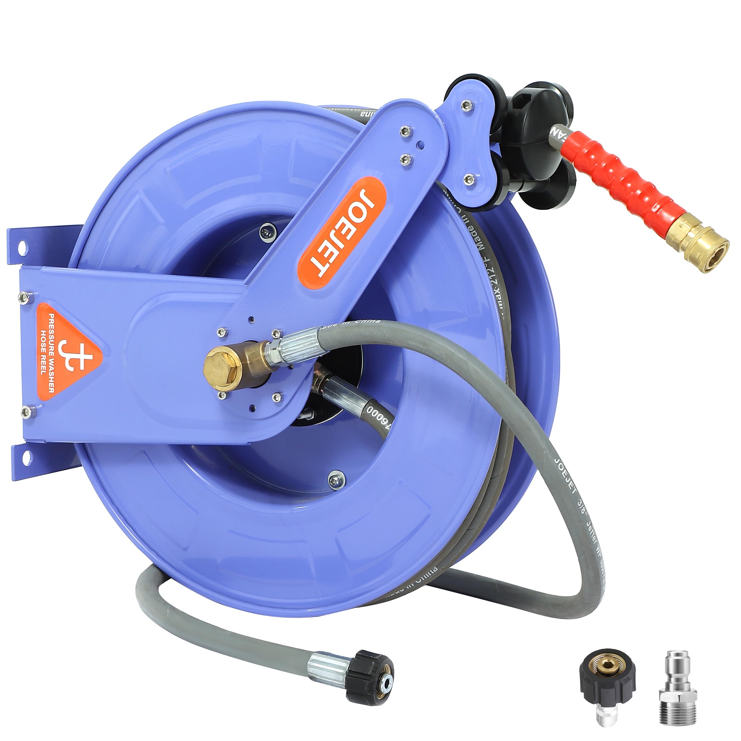 JOEJET retractable hose reel front view for an organized cleaning space.