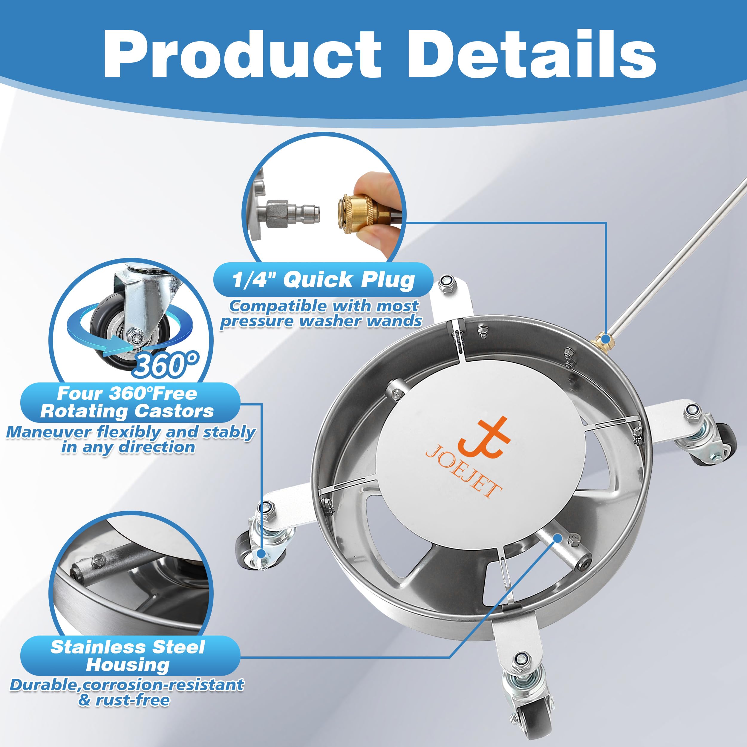 JOEJET stainless steel construction resists rust for long-lasting undercarriage cleaning