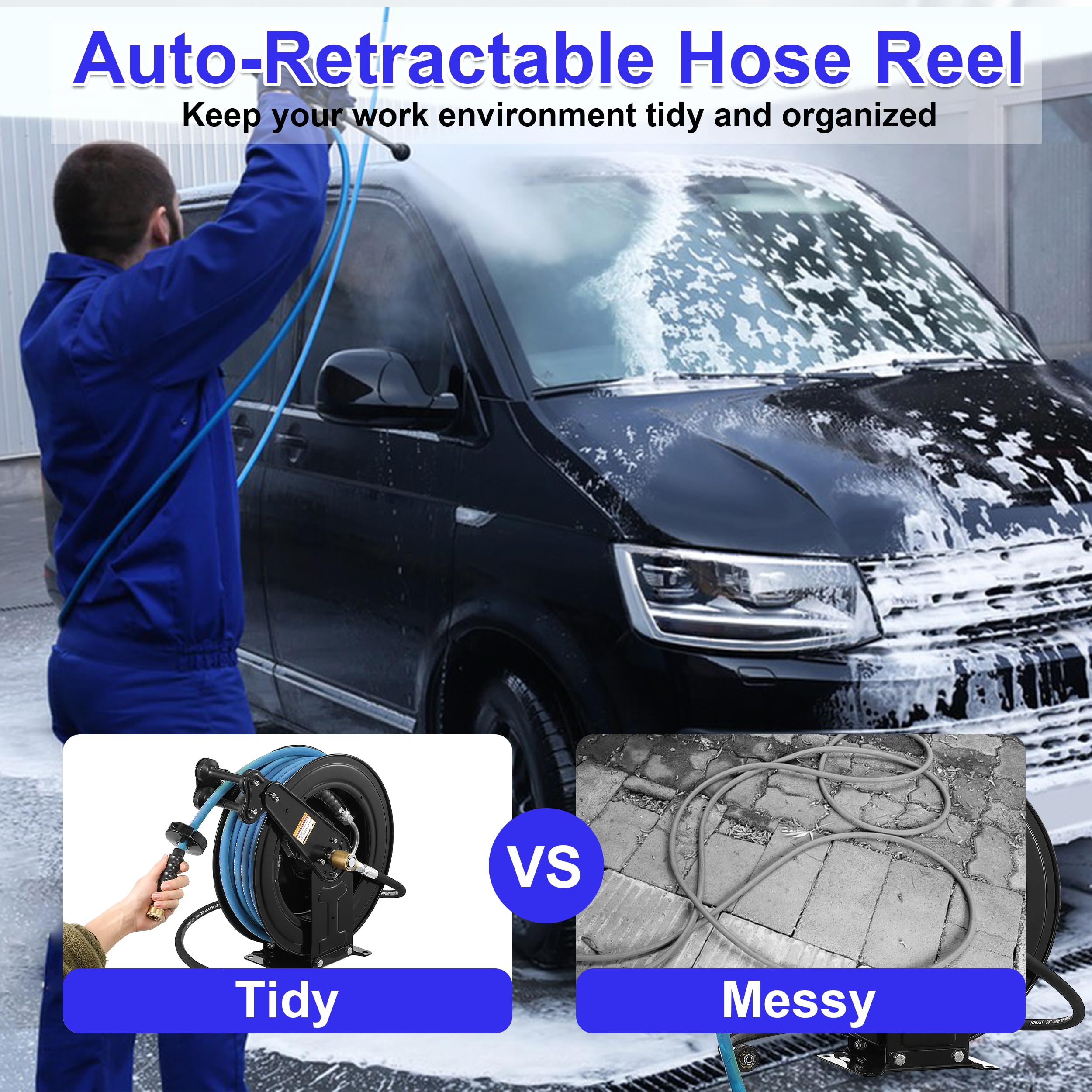 JOEJET steel-frame reel provides durability for heavy-duty pressure washing.