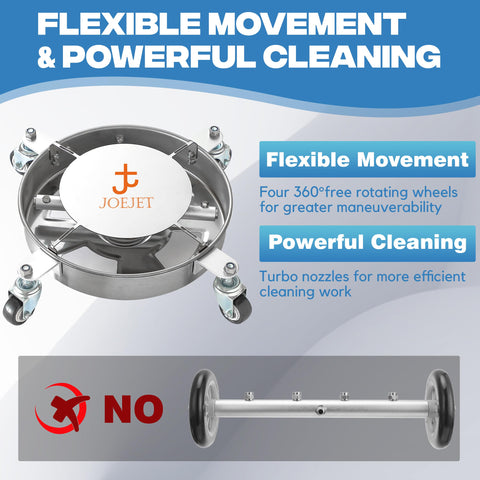 JOEJET undercarriage attachment with 360-degree wheels enabling easy maneuverability