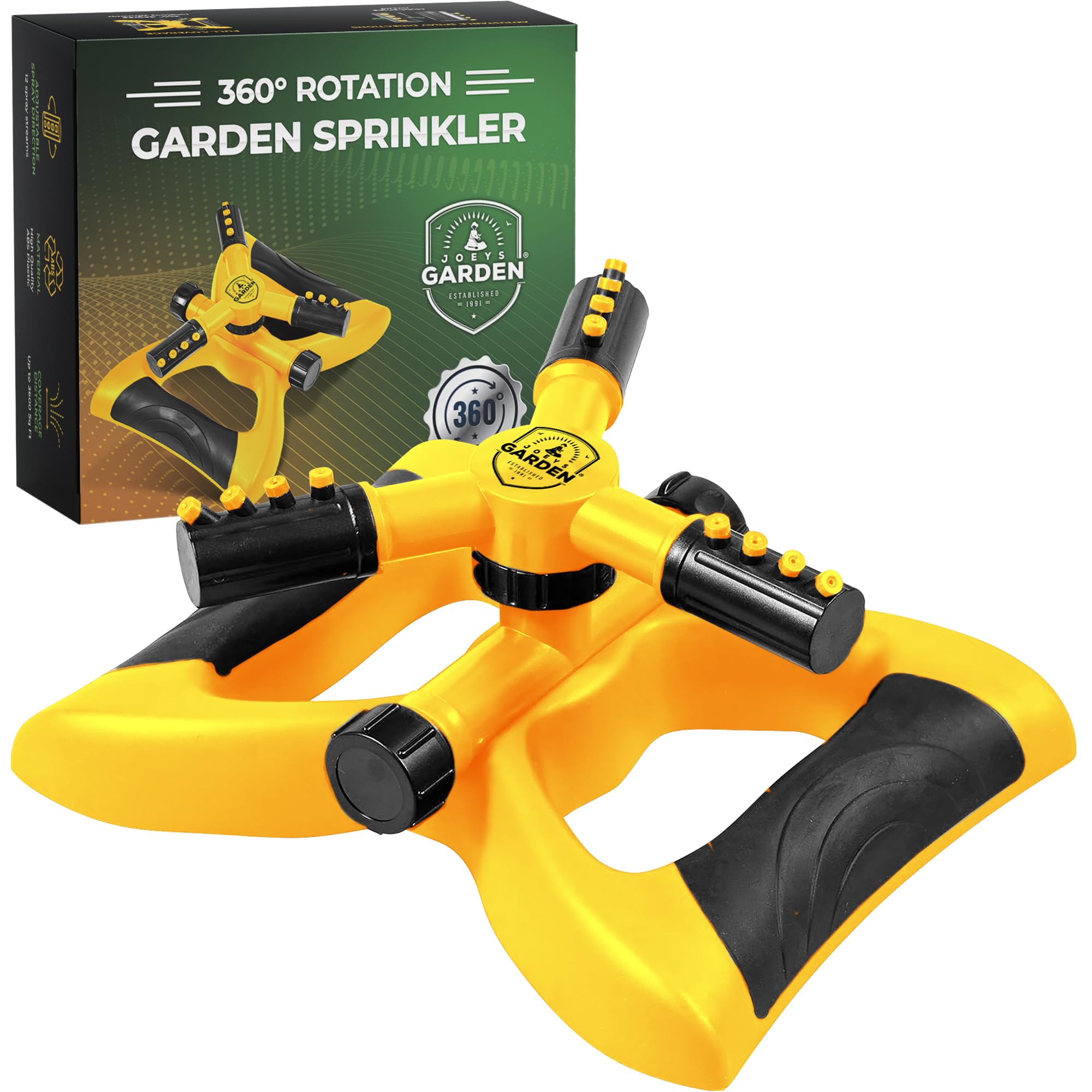 Joeys Garden Sprinkler base weighted for stable placement and even coverage.