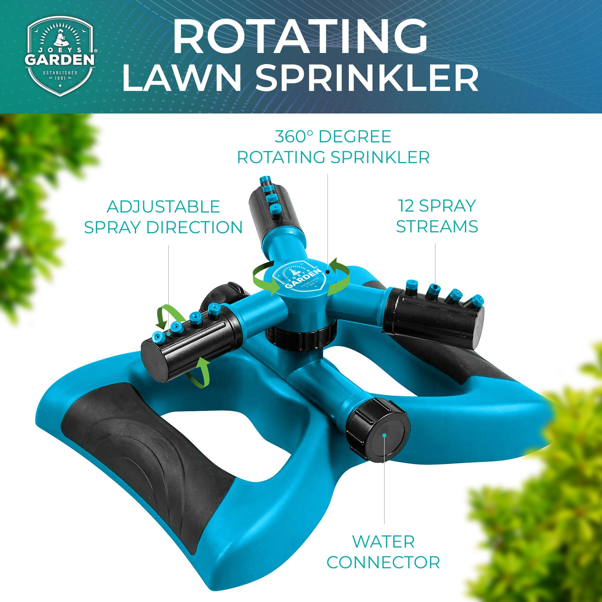 Joeys Garden Sprinkler hose connection makes setup quick and simple