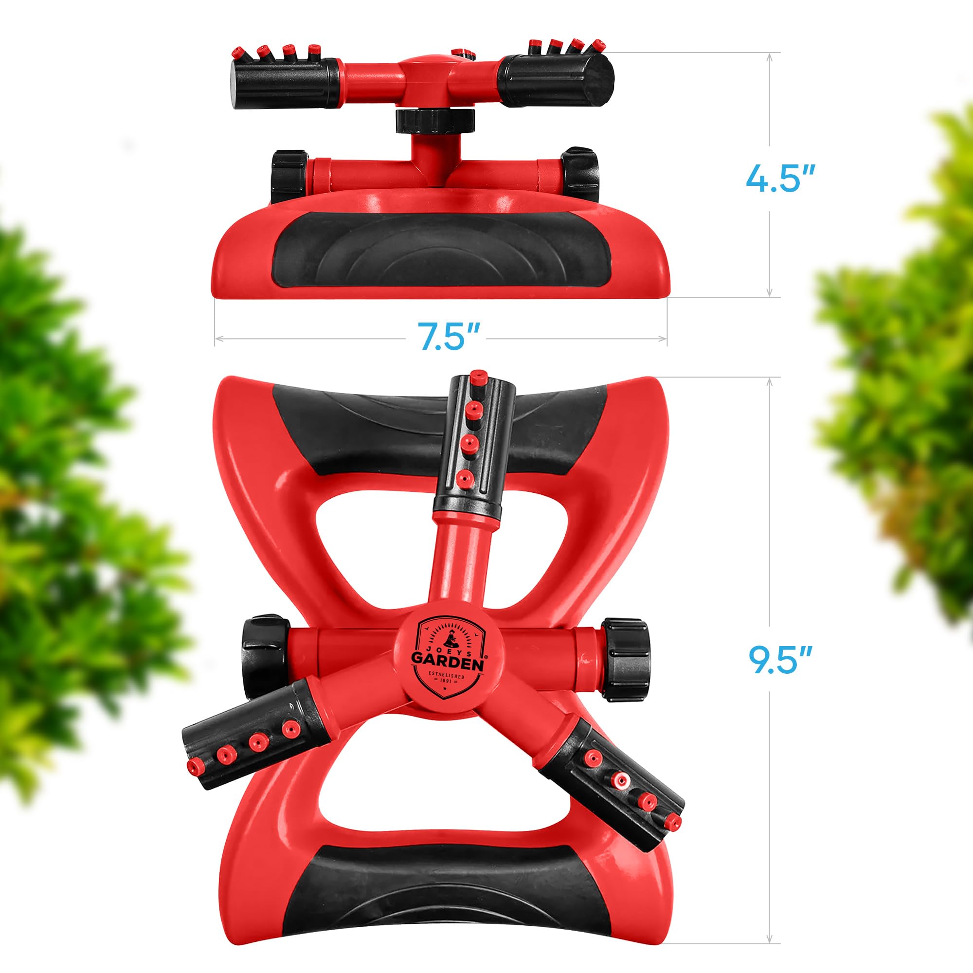 Joeys Garden Sprinkler rotating action delivers rain-like coverage.