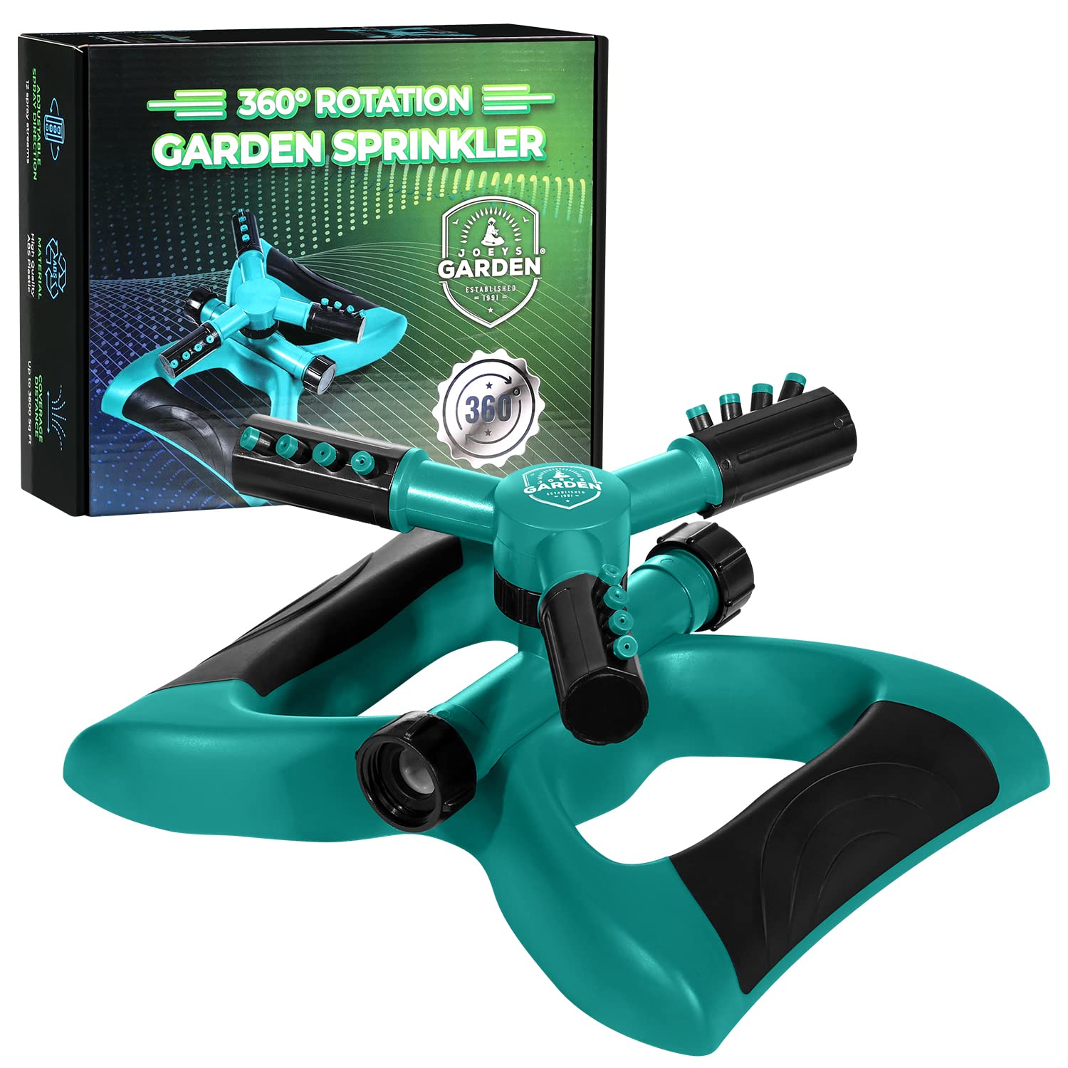 Joeys Sprinkler weighted-base showing stable placement for precise lawn watering