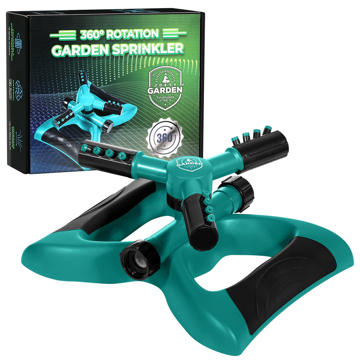 Joeys Sprinkler weighted-base showing stable placement for precise lawn watering