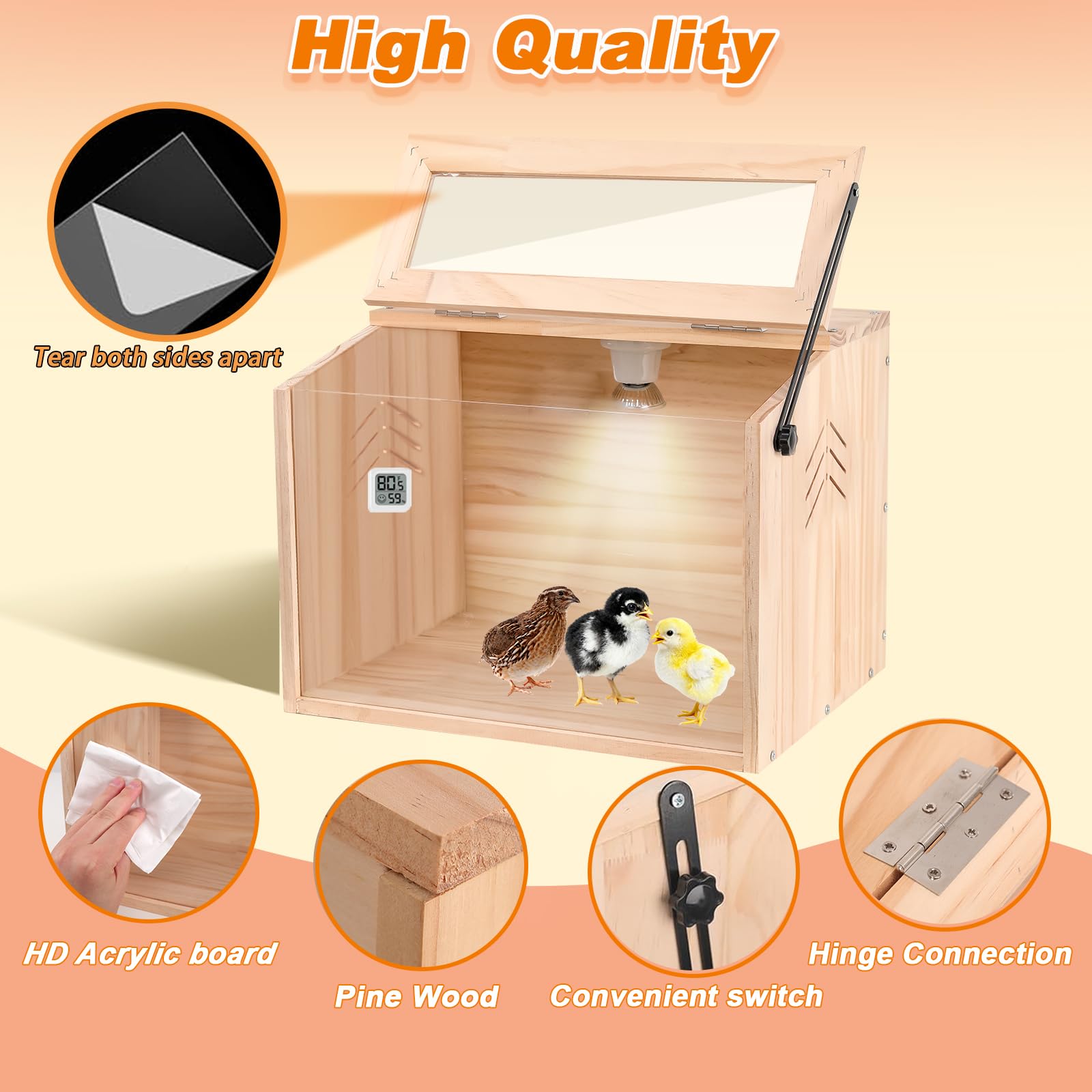 JOGEPEYO chick brooder box front view highlighting sturdy wood construction