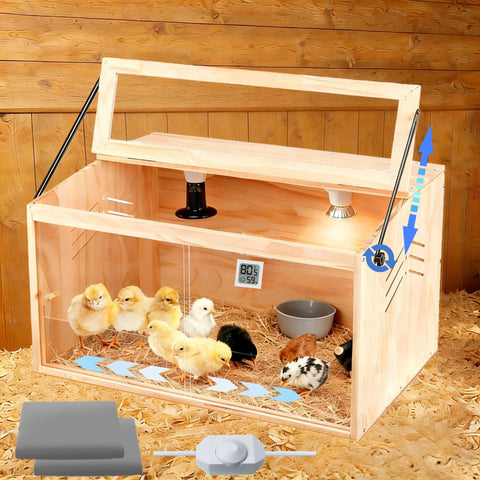 JOGEPEYO Chick Brooder Box front view highlights durable wood and ventilation for chicks.