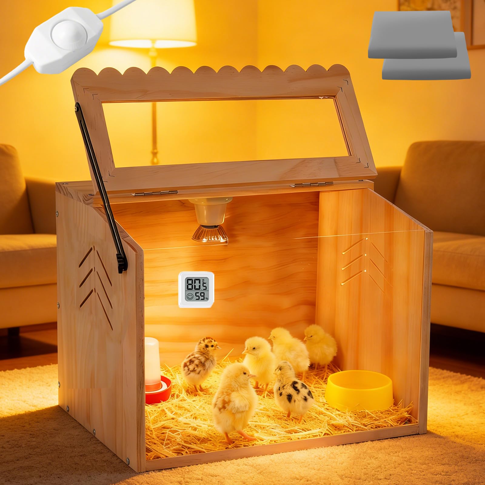 JOGEPEYO chicken brooder box front view with clear acrylic for easy monitoring.