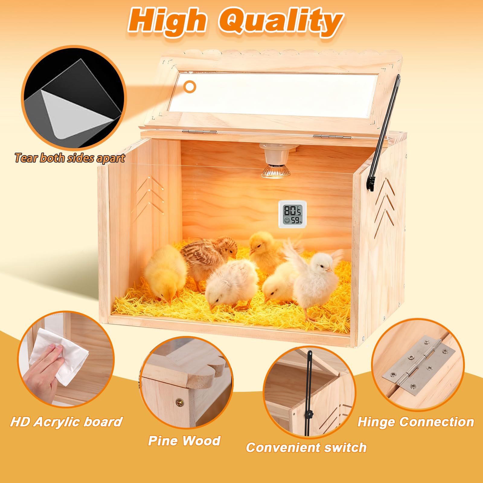 JOGEPEYO brooder box interior shows the heating lamp for rapid warm-up.