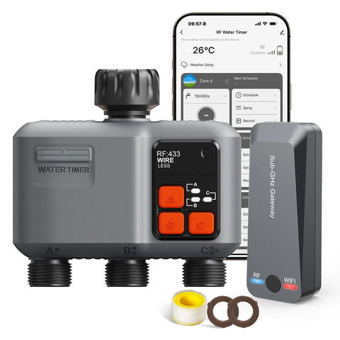 Johgee wifi sprinkler timer with three zones enables precise garden watering.