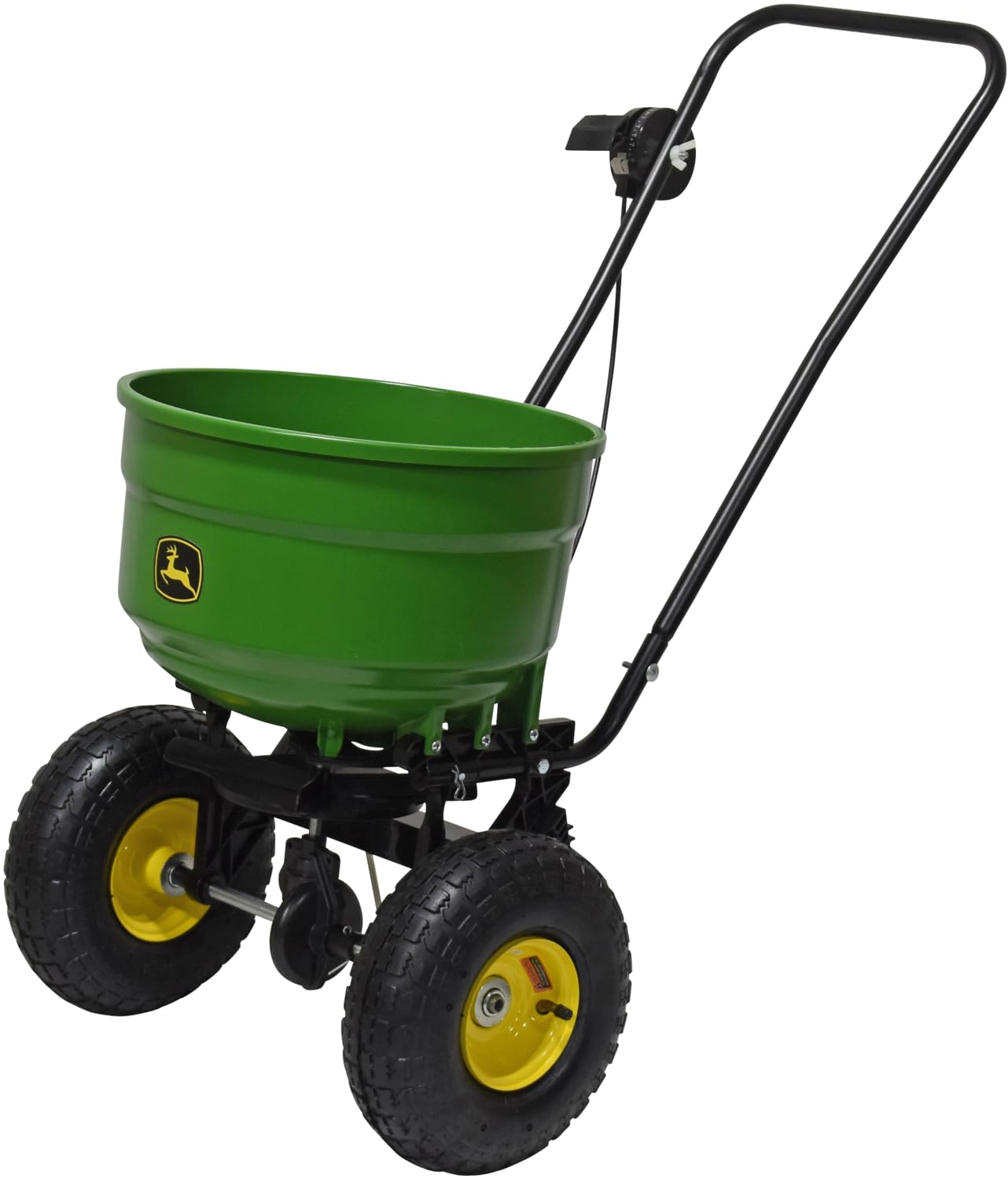 John Deere 60lb spreader hopper, rust-free poly for durable seed and fertilizer use.