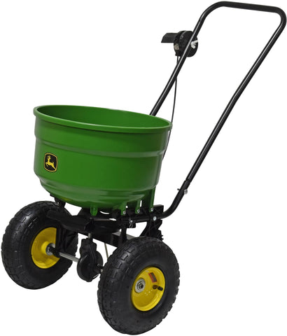 John Deere 60lb spreader hopper, rust-free poly for durable seed and fertilizer use.