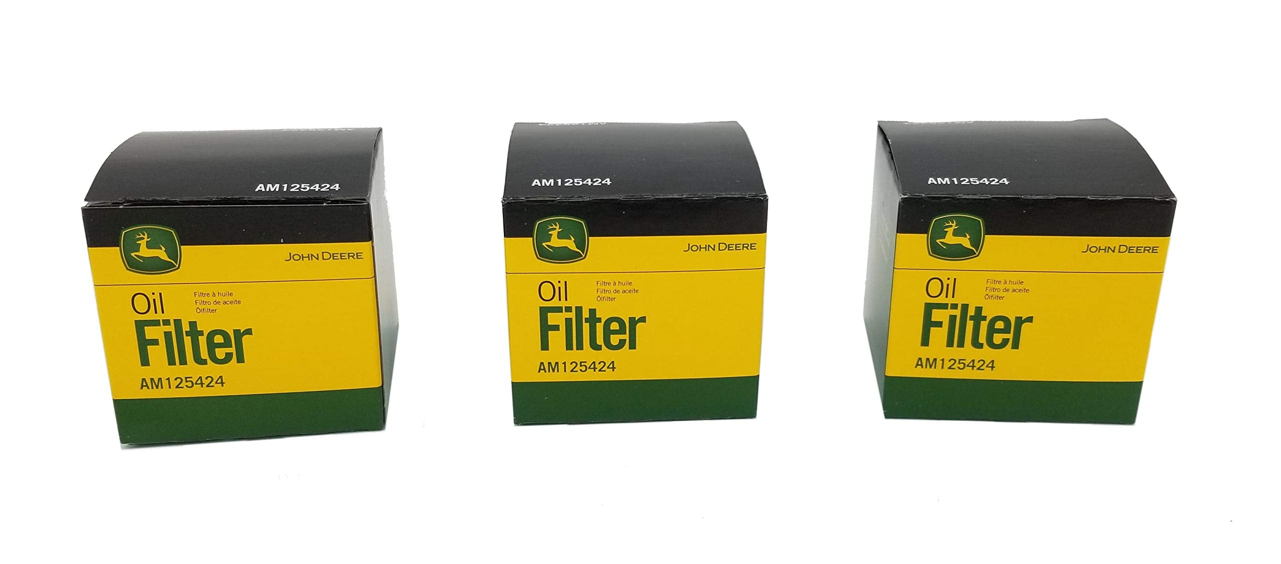 John Deere AM125424 oil filter triplet pack closeup shows rugged construction and durability