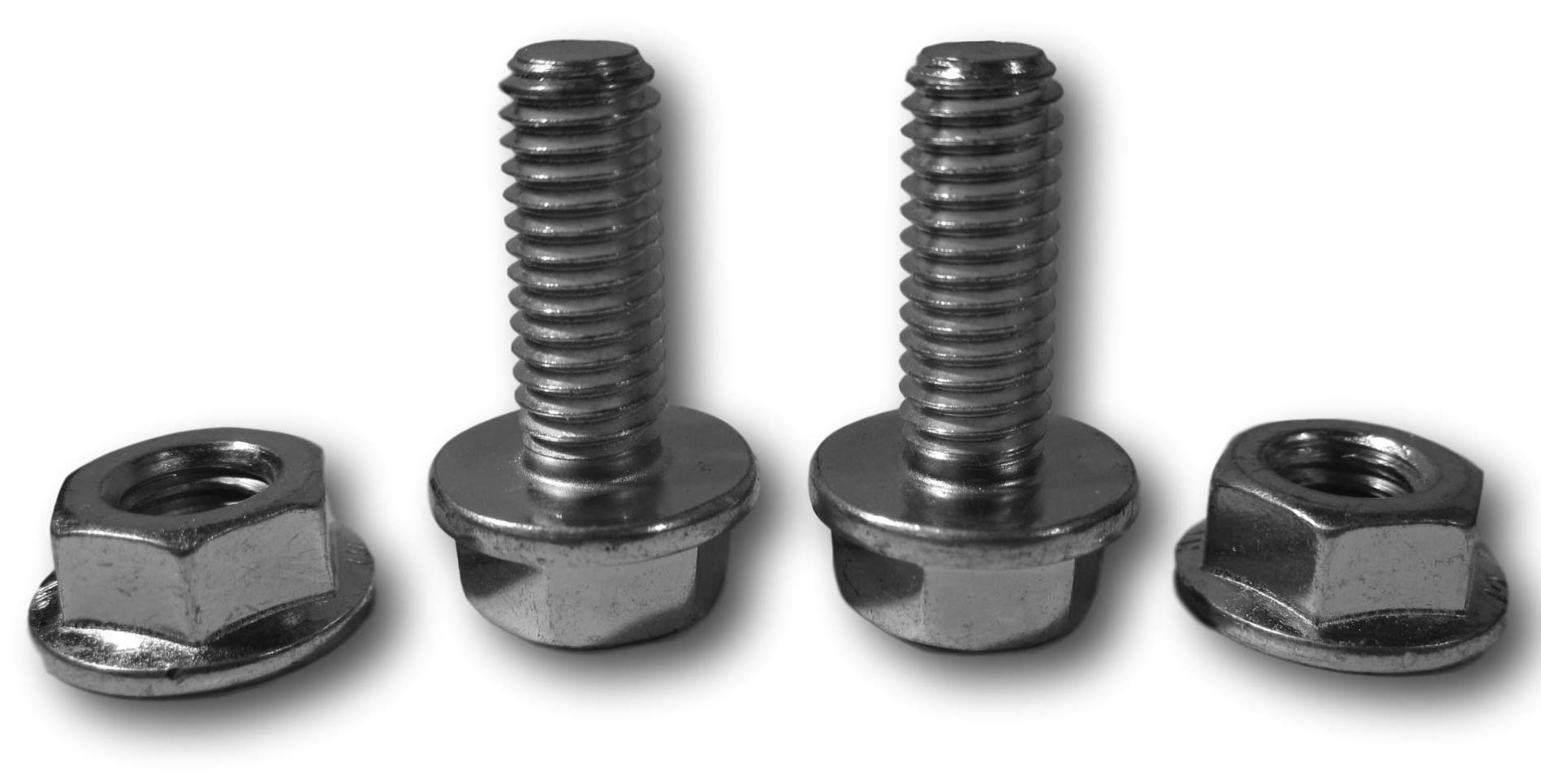 Closeup of stainless steel battery terminal bolts and nuts for John Deere equipment