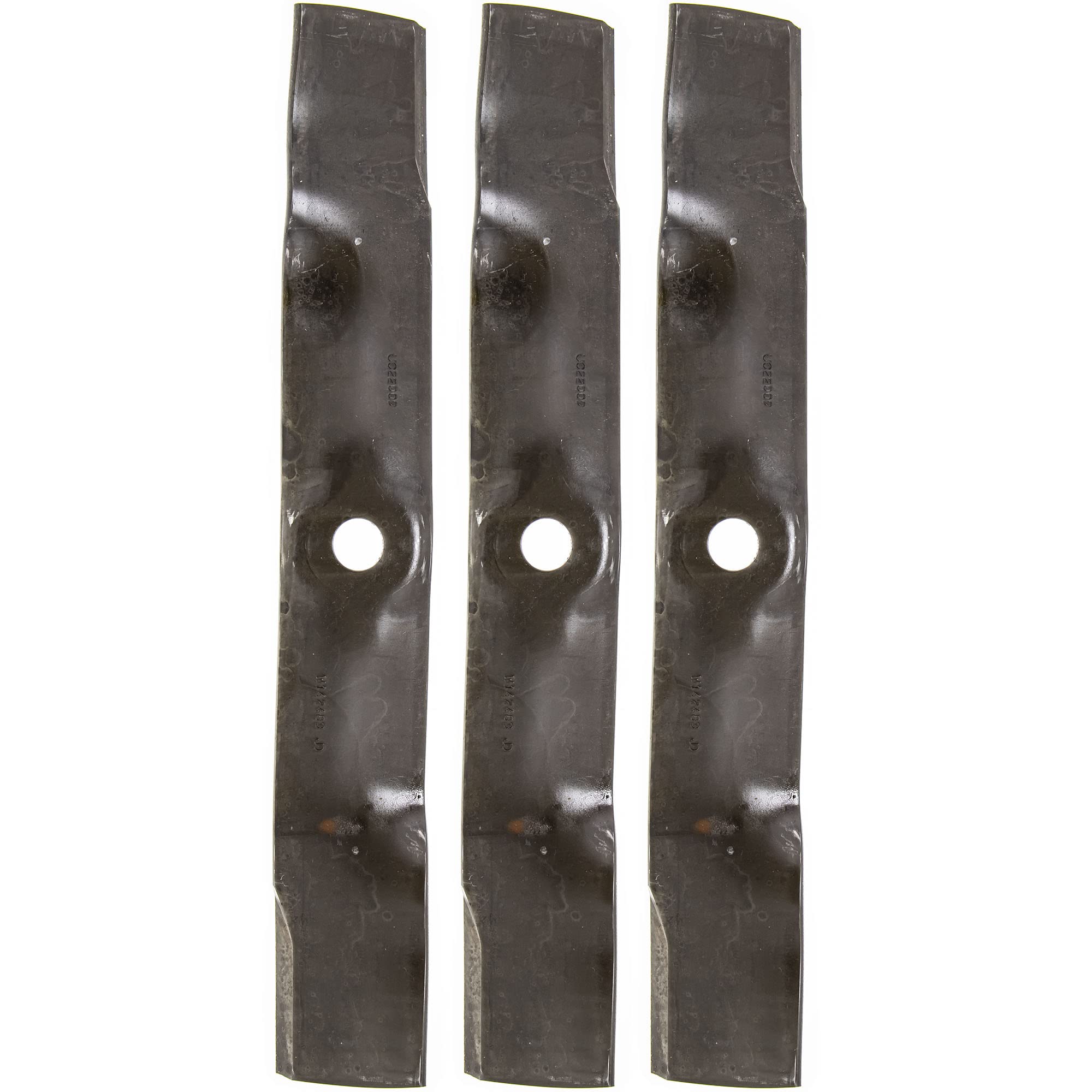 John Deere UC22009 blades pack, front view for durable 48-inch deck mowing.