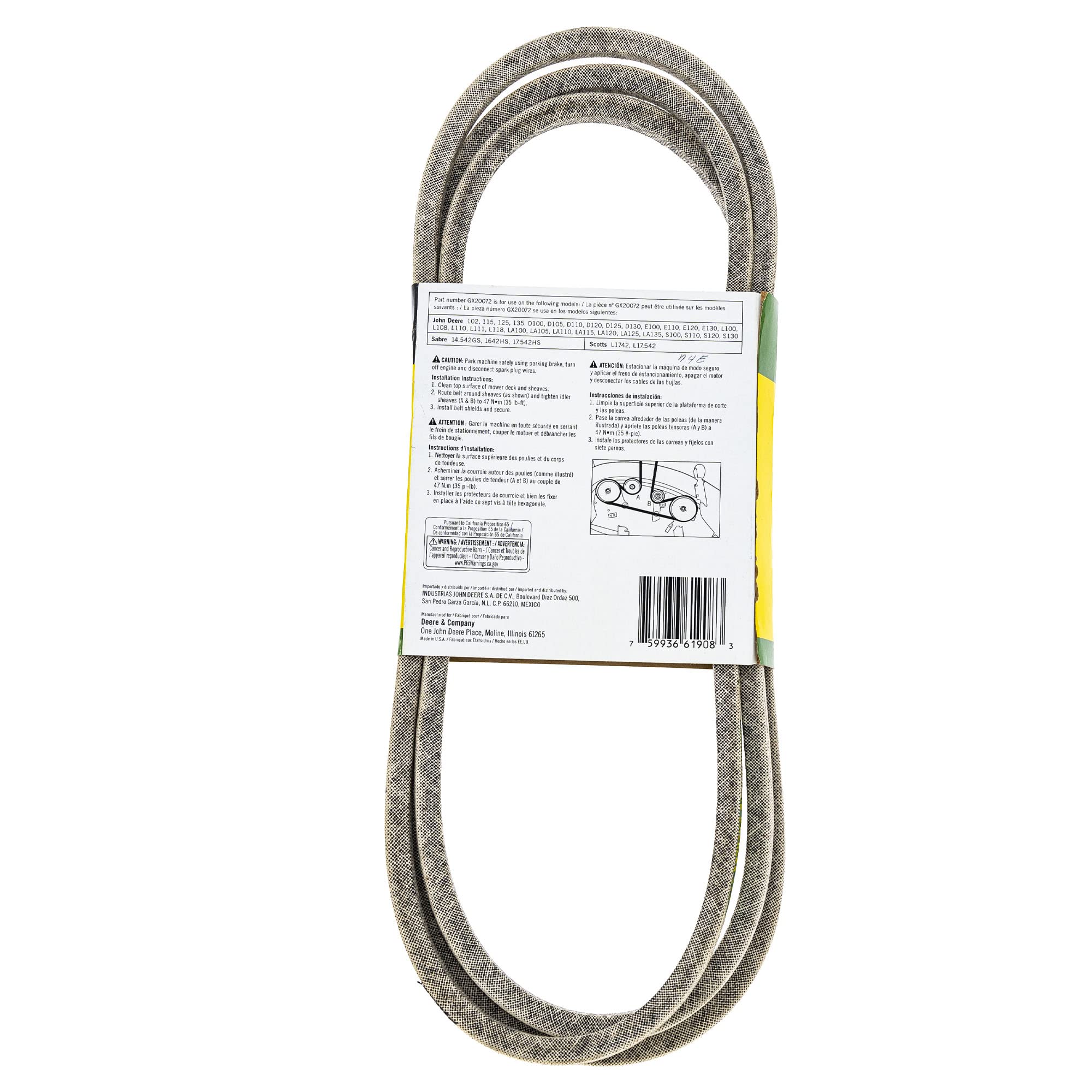 GX20072 belt shown with model compatibility reference for tractors