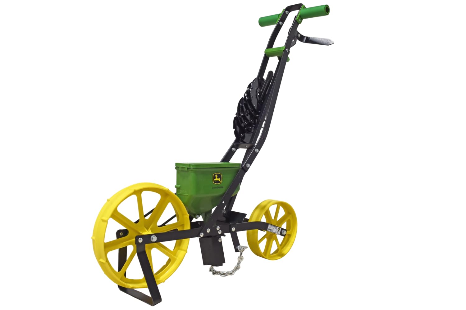 John Deere garden seeder back wheel supports consistent seed-to-soil contact