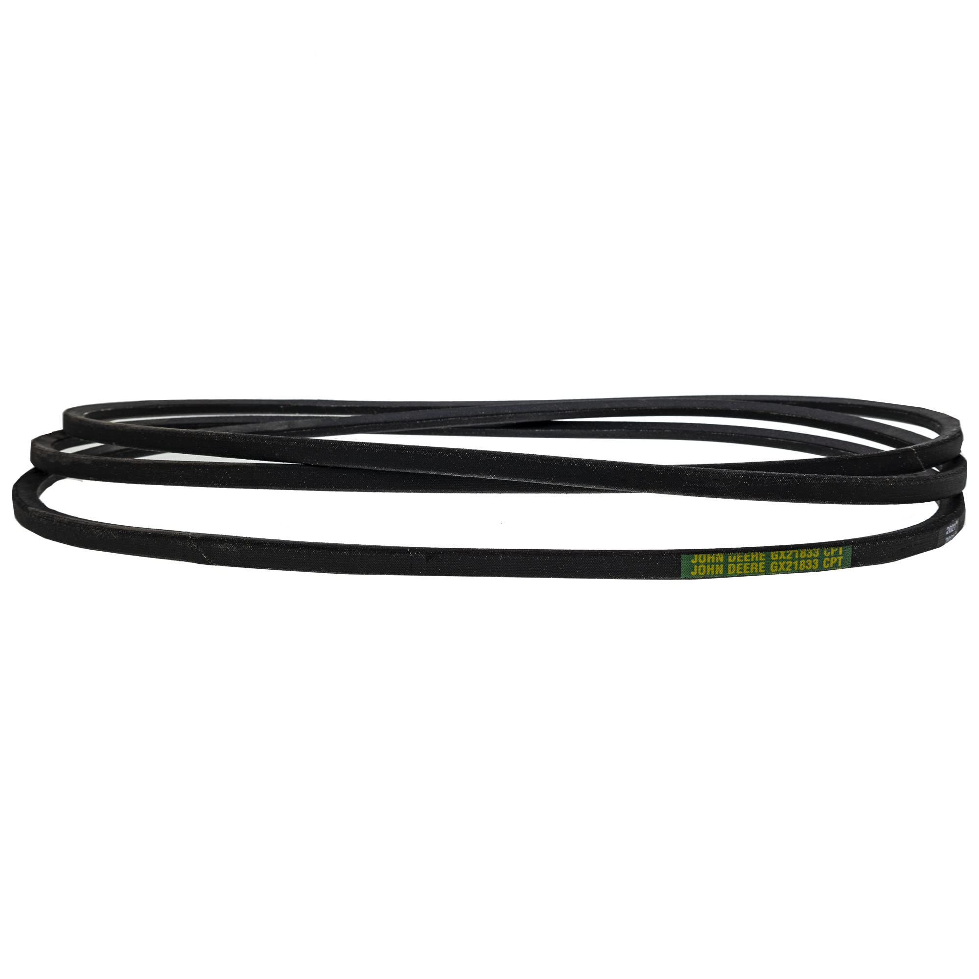 John Deere GX21833 belt label shows compatibility and part origin