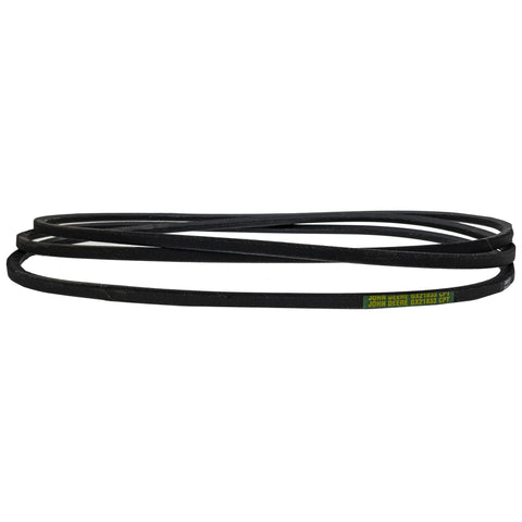 John Deere GX21833 belt label shows compatibility and part origin