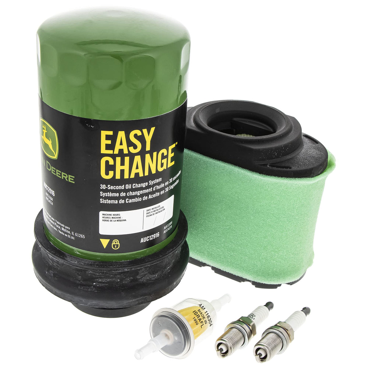 John Deere AUC13707 oil filter included for easy mower maintenance.