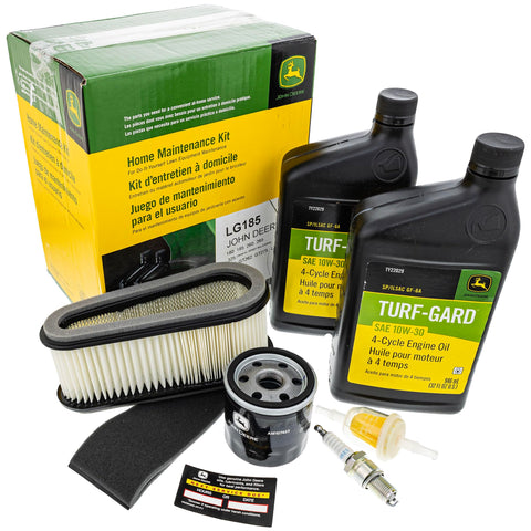 John Deere LG185 filter kit box for at-home mower maintenance