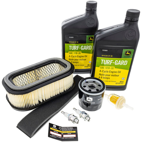 John Deere LG187 kit contents spread for easy home maintenance