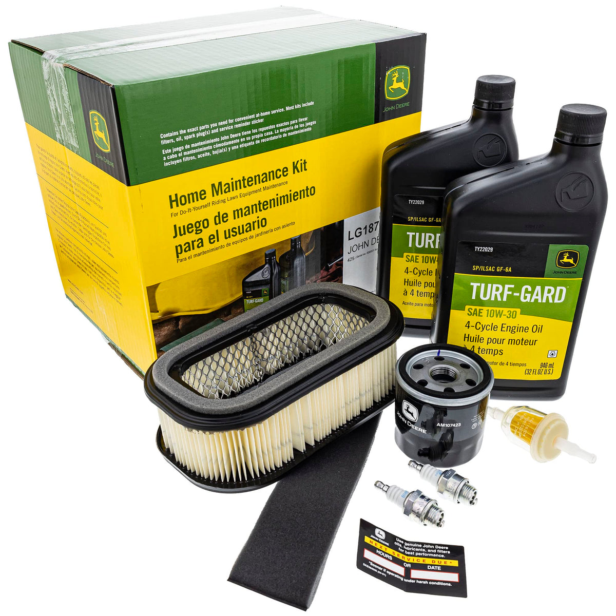 John Deere LG187 filter kit front view showing ready-for-service packaging