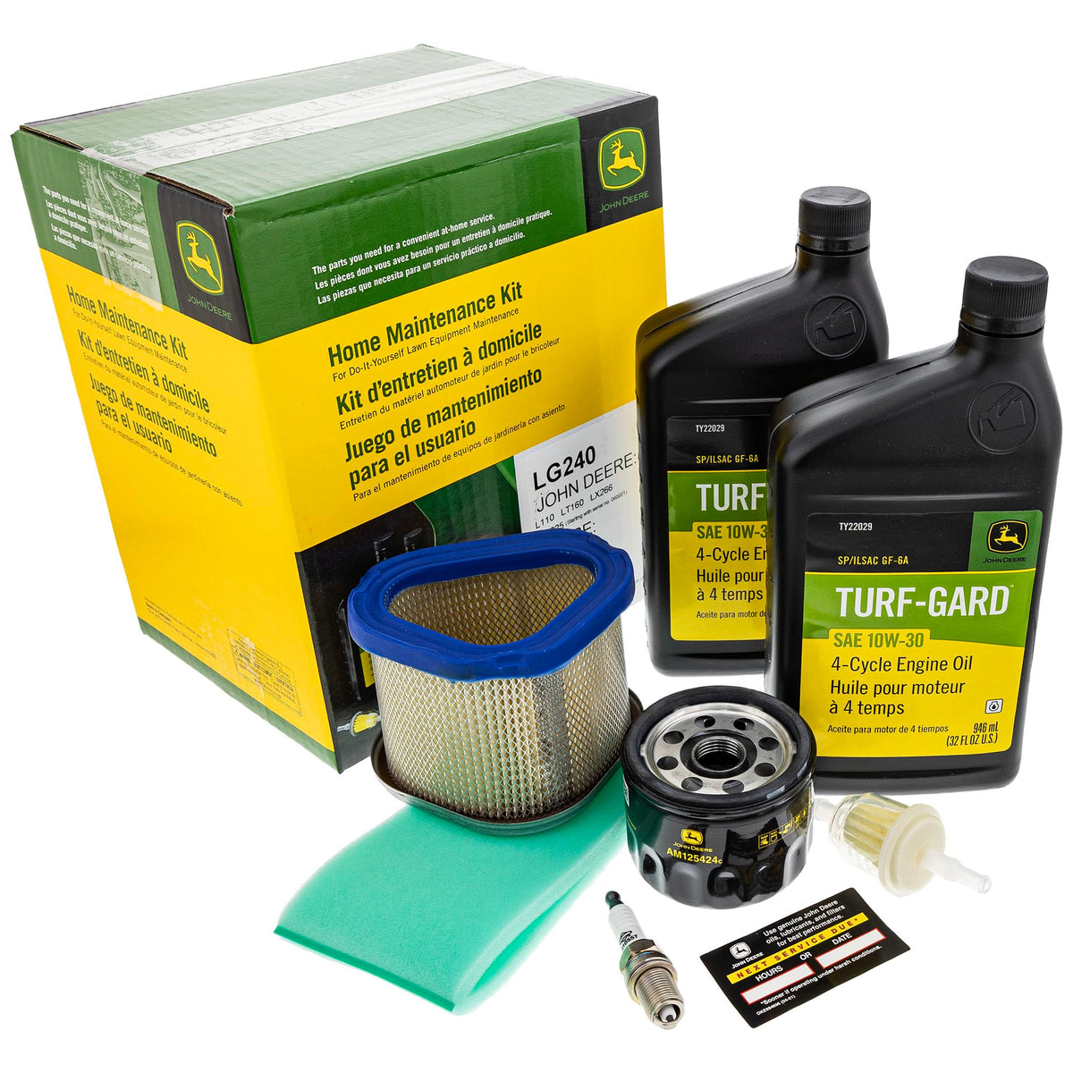 John Deere LG240 maintenance kit oil filter ready for at-home servicing to keep your mower running smoothly.