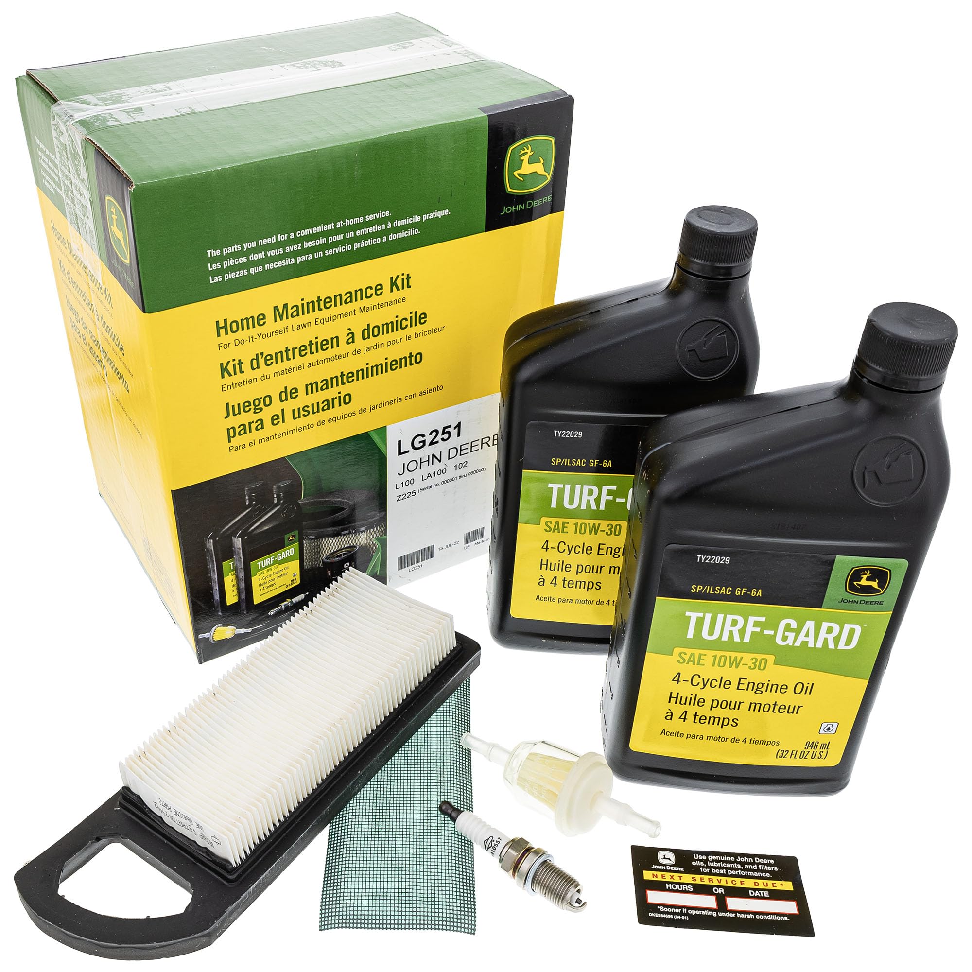 John Deere LG251 filter kit packaging shows authentic OEM quality for maintenance