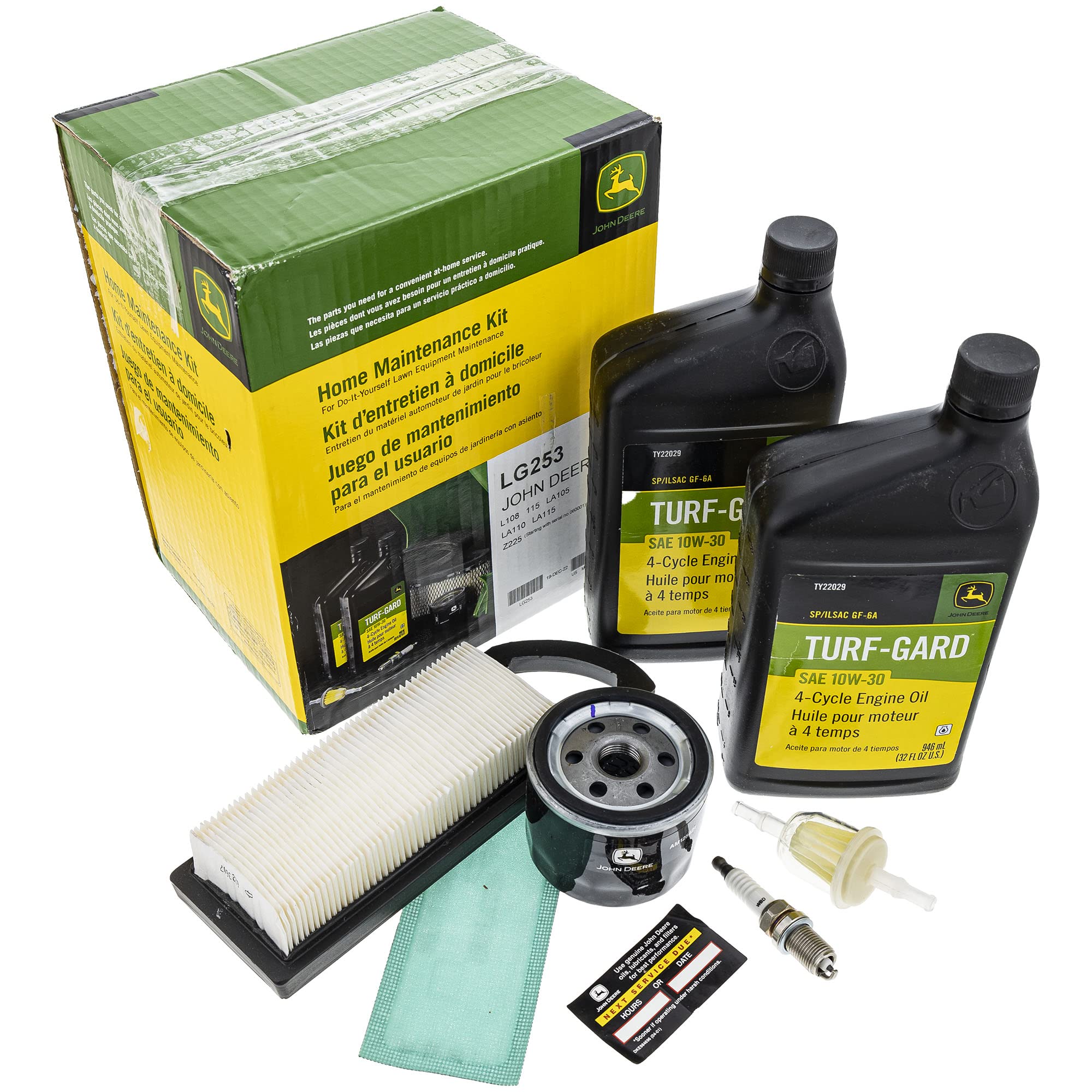 John Deere LG253 kit open box showing full maintenance set for DIY mower service