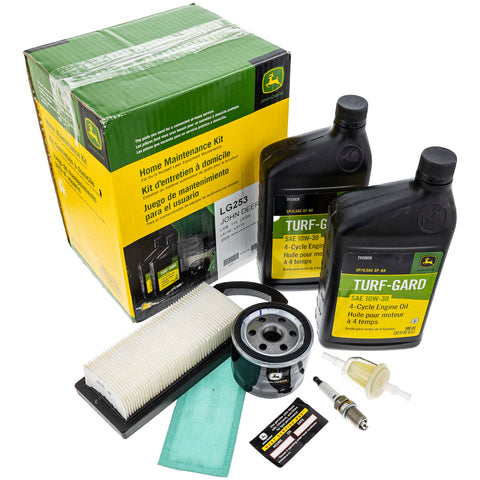 John Deere LG253 kit open box showing full maintenance set for DIY mower service