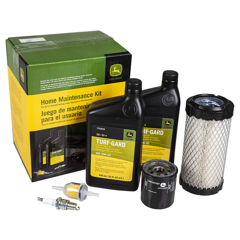 John Deere LG258 kit components—oil filters, fuel filter, air element, spark plug—for quick at-home maintenance