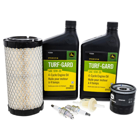 John Deere LG259 OEM filter kit packaging shown for quick at-home maintenance.